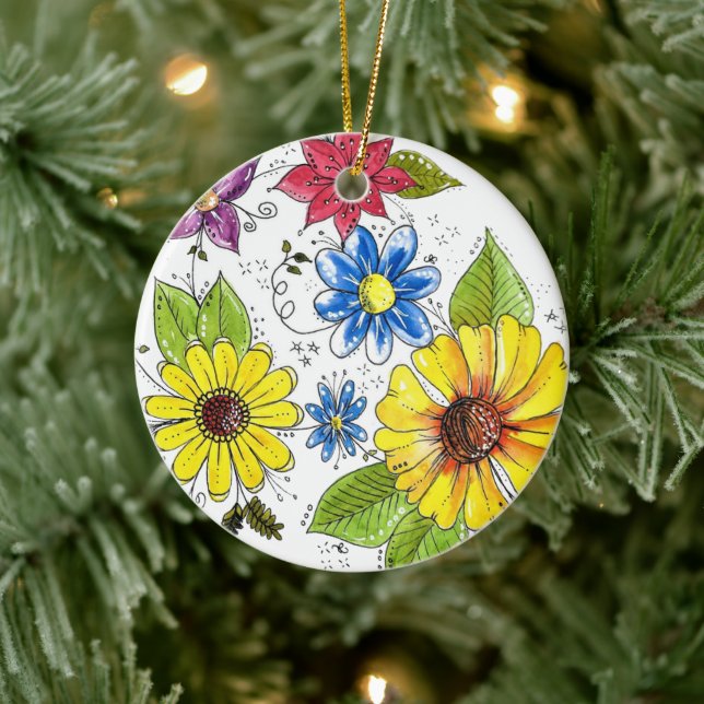 Whimsikfarbener Blumengarten Keramik Ornament (Baum)