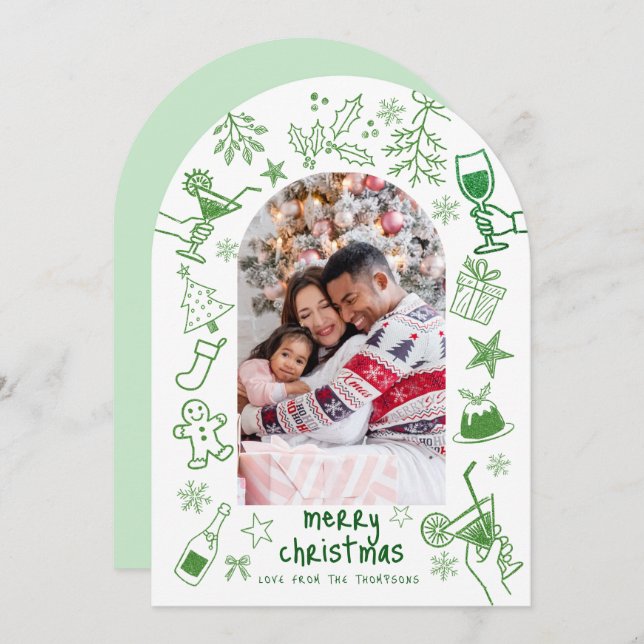 Whimsikhandgezeichnetes Foto Merry Christmas Arch Einladung (Vorne/Hinten)