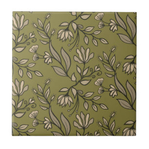 Whimsikische Blume & Blätter Bouquet Olive Green Fliese