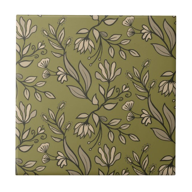 Whimsikische Blume & Blätter Bouquet Olive Green Fliese (Vorderseite)