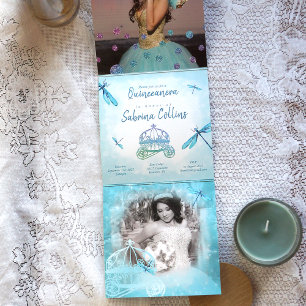 Whimsikische Glitzern Türkis Dragonfly Quinceañera Dreifach Gefaltete Urlaubskarte