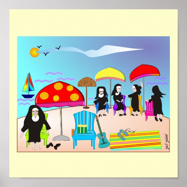 Whimsikische Nonnen "at the Beach" Art Poster (Vorne)