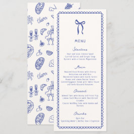 Whimsikisches, blaues, handgezeichnetes Hochzeitsm Menükarte