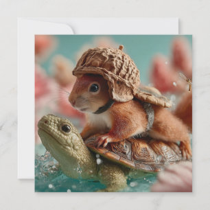 Whimsikisches Eichhörnchen Reiten einer Schildkröt Feiertagskarte