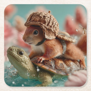Whimsikisches Eichhörnchen Reiten einer Schildkröt Rechteckiger Pappuntersetzer