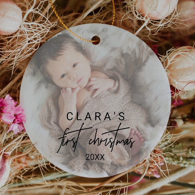 Whimsikkalligraphie verblasste Foto Erste Weihnach Keramik Ornament (Whimsical Calligraphy Faded Photo First Christmas Ceramic Ornament)