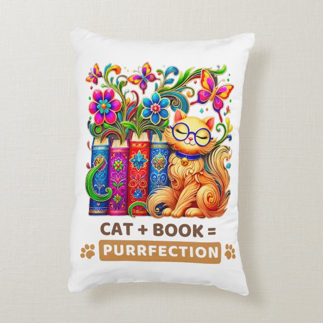 Whimsikkatze mit Büchern und Schmetterlingen Dekokissen (Rückseite(Vertikal))