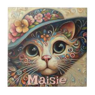 Whimsikkatze mit einem Personalisierten Hutfloral Fliese