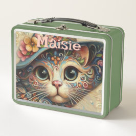 Whimsikkatze mit einem Personalisierten Hutfloral Metall Brotdose