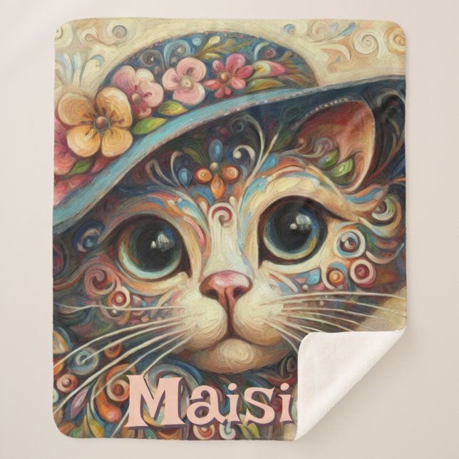 Whimsikkatze mit einem Personalisierten Hutfloral Sherpadecke (Vorderseite)