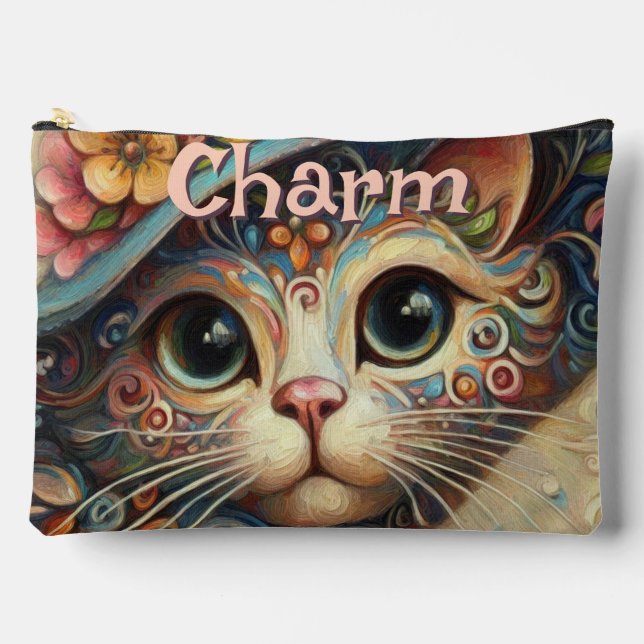 Whimsikkatze mit einem Personalisierten Hutfloral Zubehörtasche (Vorderseite)