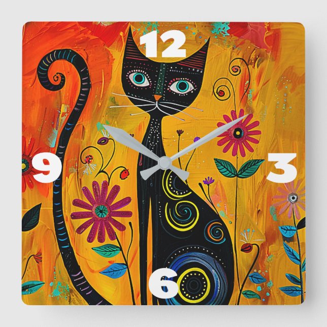 Whimsikkatze Quadratische Wanduhr (Vorderseite)
