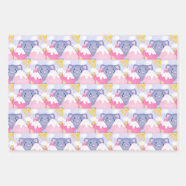 Whimsikkatze und Wintergebirge mit Niedlicher Sonn Geschenkpapier Set