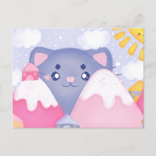 Whimsikkatze und Wintergebirge mit Niedlicher Sonn Postkarte (Vorderseite)