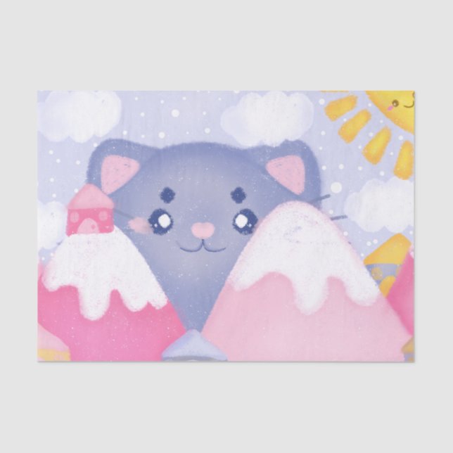 Whimsikkatze und Wintergebirge mit Niedlicher Sonn Seidenpapier (Vorderseite)
