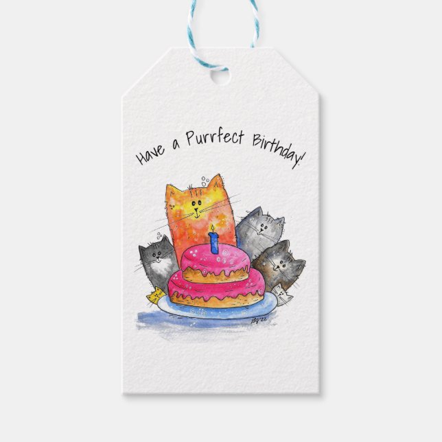 Whimsikkatzen mit Geburtstagskuchen Geschenkanhänger (Vorderseite)