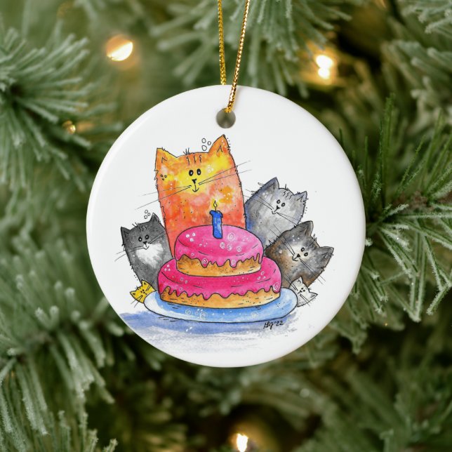 Whimsikkatzen mit Geburtstagskuchen Keramik Ornament (Baum)