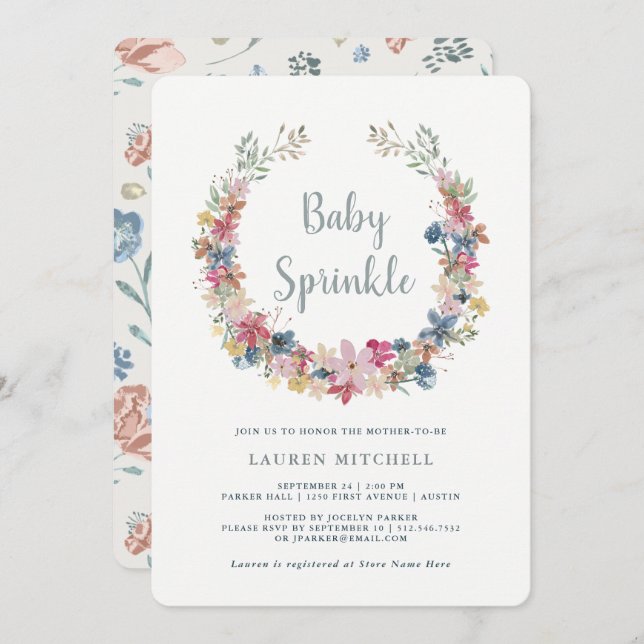 Whimsikkranz | Einladung von Floral Baby Sprinkle (Vorne/Hinten)