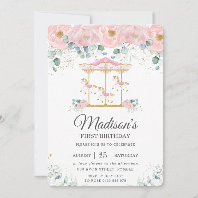 Whimsikrosa Bläserkarussell 1. Geburtstag Party Einladung (Vorderseite)