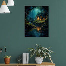 Whimsikwald Fairytale Hütte Moonlit Stream Poster