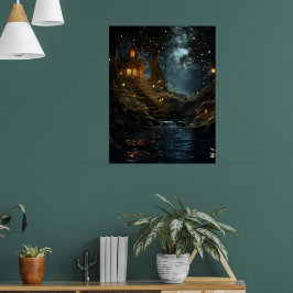 Whimsikwald Fairytale Hütte Moonlit Stream Poster