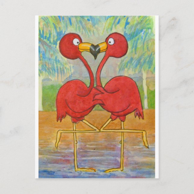 Whimsique Couple Pink Flamingo Tropical Beach Bird Postkarte (Vorderseite)