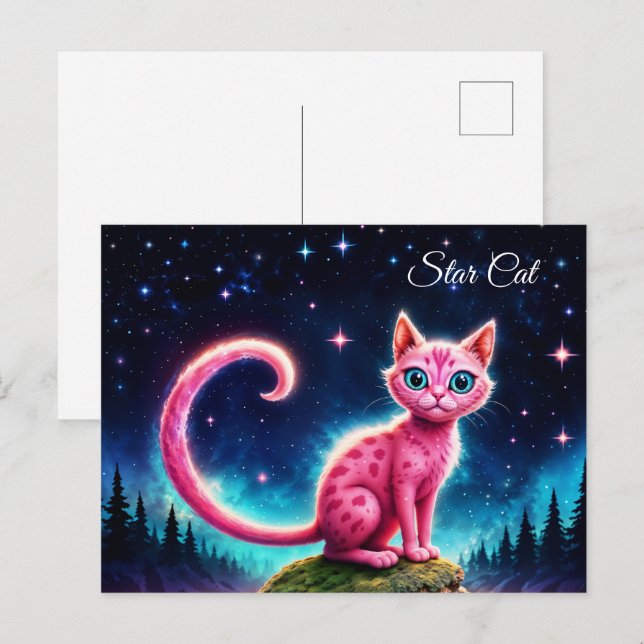 Whimsisch leuchtende Katze, blaue Augen langen Sch Postkarte (Vorne/Hinten)