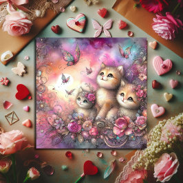 Whimsisch Pink Lila Wasserfarbe Kätzchen Valentine Feiertagskarte