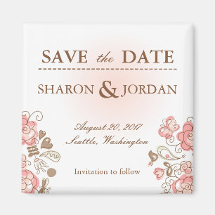 Whimsisch rosa Blume und Vögel Save the Date Magnet