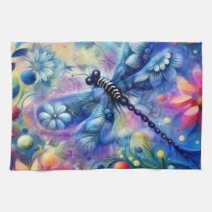 Whimsische abstrakte Libellen-Blumen Teal Blau Pin Geschirrtuch