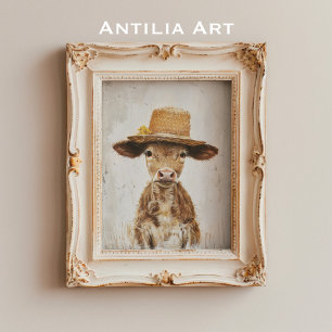Whimsische Bauernhof-Tier-Kuh-Malerei Kalb mit Hut Poster