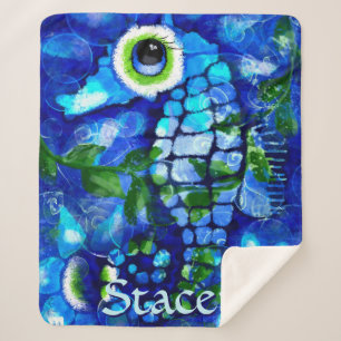Whimsische Big-Eyes-Seepferd-Kunst Blau Personalis Sherpadecke