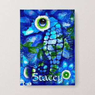 Whimsische Big-Eyes-Seepferd-Kunst Blaue Personali Button