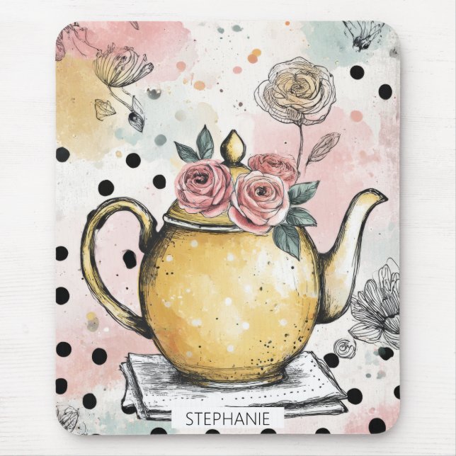 Whimsische Blumenteekanne – gemütliches Cottagecor Mousepad (Vorne)