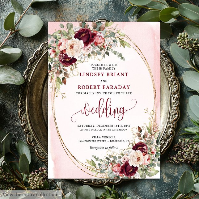 Whimsische Boho-Tiefrot-Gold-Blumen-Hochzeitseinla Einladung (Whimsical Boho Deep Red Gold Floral Wedding Invite)