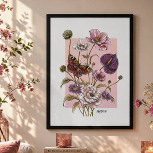 Whimsische botanische Schmetterlings-Blumen-Kunst Poster