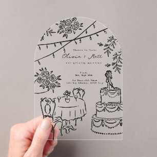 Whimsische Cocktail-Handgezeichnete Hochzeitseinla Acryleinladungen
