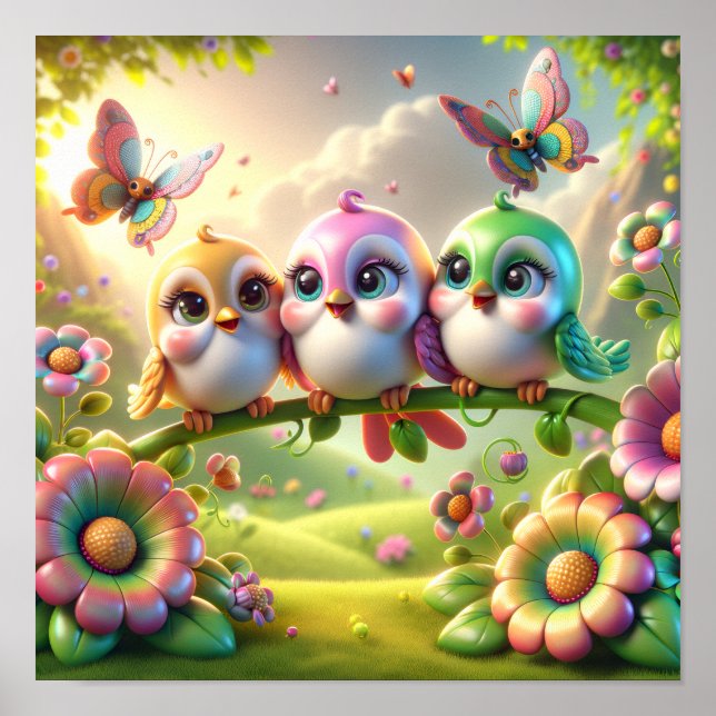 Whimsische Dreiergruppe Frühlingsliedvögel Poster (Vorne)