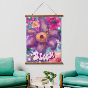 Whimsische florale abstrakte Kunst Teal Personalis Wandteppich Mit Holzrahmen