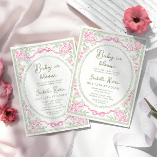 Whimsische florale Babyparty Rosa und Grün Einladung