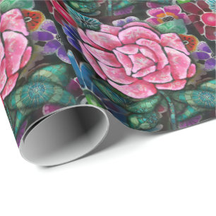 Whimsische Florale Pinke Rosen Art Nouveau Botanik Geschenkpapier