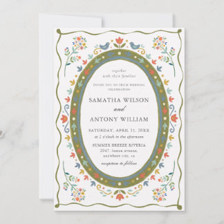 Whimsische Folk Florale Vögel Hochzeitseinladung Einladung