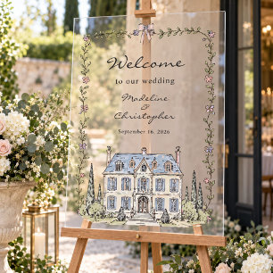 Whimsische französische Chateau-Blumenhochzeitsbeg Acrylschild