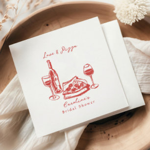 Whimsische handgezeichnete Pizza-Wein-Junggesellin Serviette