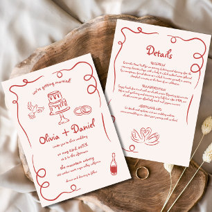 Whimsische handgezeichnete rote Details Hochzeit Einladung
