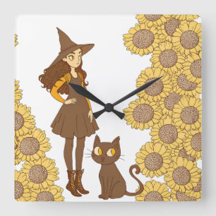 "Whimsische Hexe und Katze Sonnenblumen Wanduhr" Quadratische Wanduhr