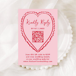 Whimsische Hochzeit mit rosa und rotem Herz-QR-Cod RSVP Karte