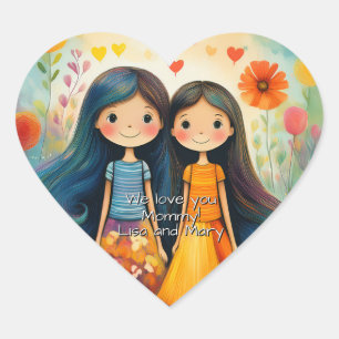 Whimsische Illustration von zwei Mädchen zum Mutte Herz-Aufkleber