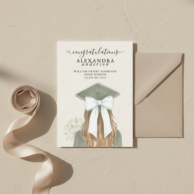 Whimsische Kalligrafie Abschluss-Schleifen-Foto Ankündigung (Whimsical Calligraphy Graduation Bow Photo Announcement)