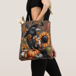 Whimsische Krähe mit Kürbissen und Sonnenblumen